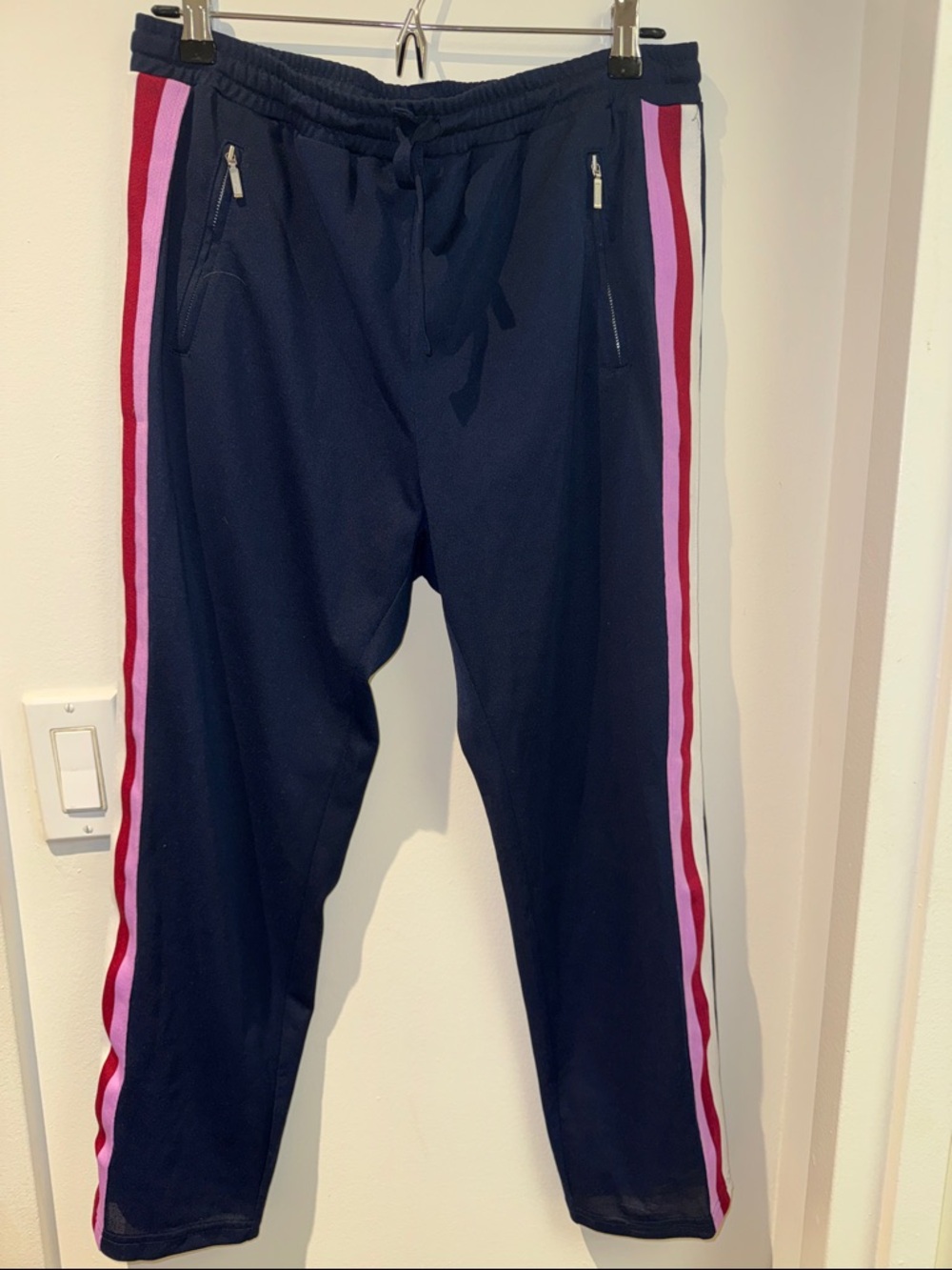 Rebecca Minkoff Navy Track Joggers with Pink & Red Side Stripes